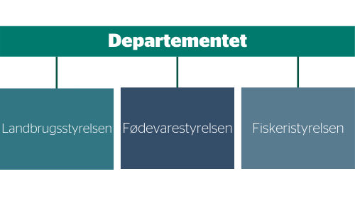 Organisationsdiagram, der viser departementet er placeret over Landbrugsstyrelsen, Fødevarestyrelsen og Fiskeristyrelsen.